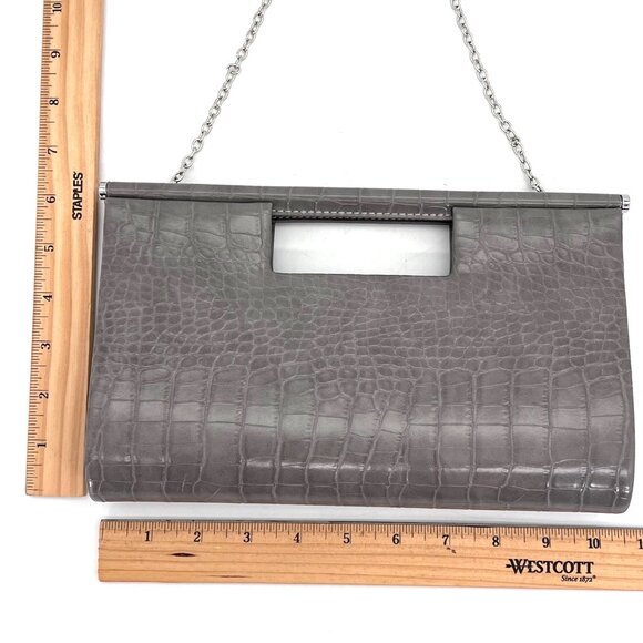 Jessica McClintock Gray Faux Crocodile Emboss Leather Clutch Handbag Chain Strap - Picture 7 of 13